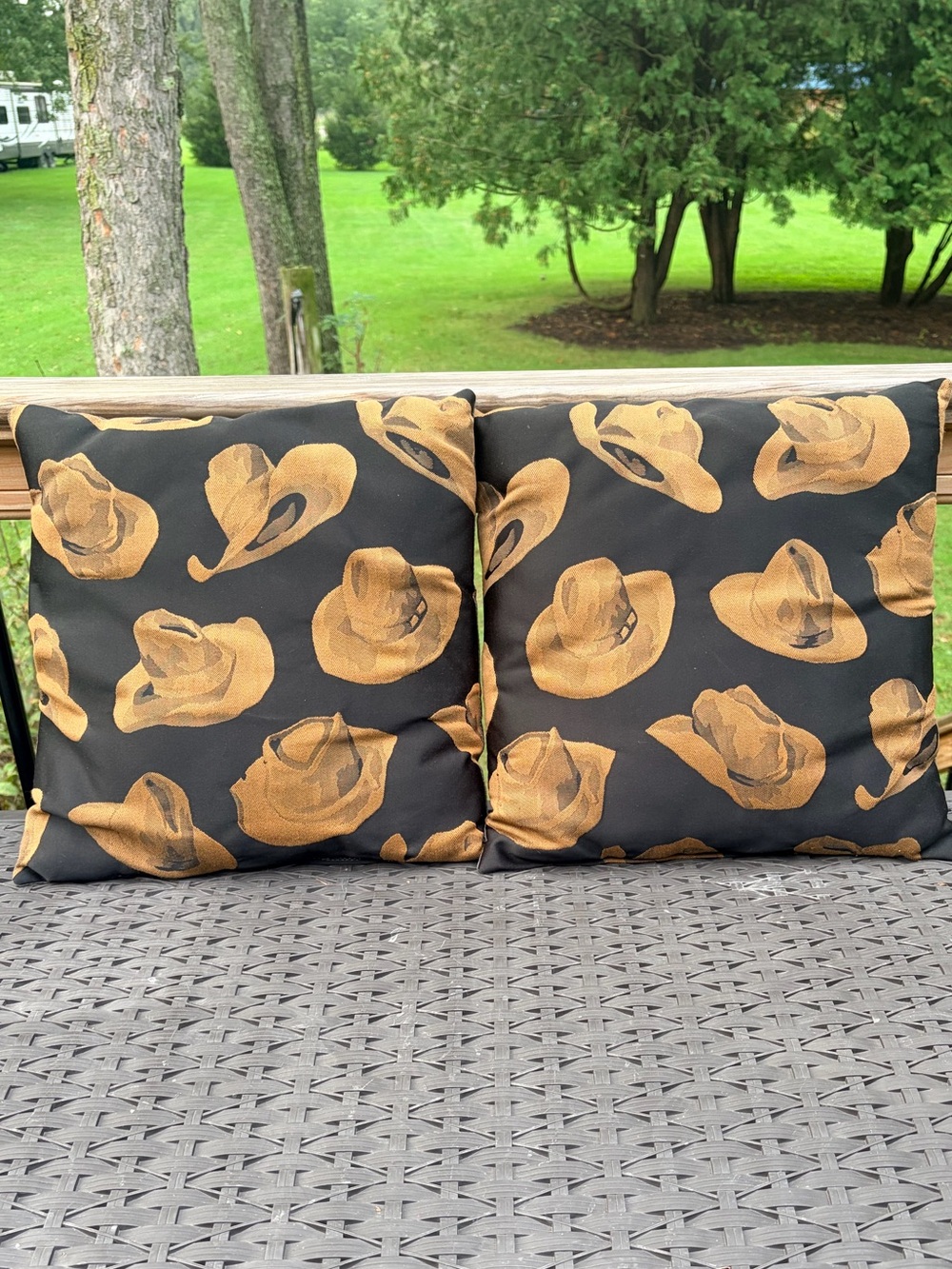 15”x 15” Black Accent Pillow Pair with Brown Cowboy Hat Motif